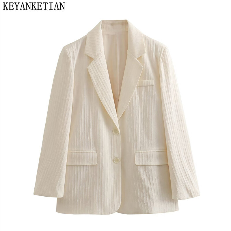 Keyanketian-بدلة نسائية بتأثير مطوي, جيوب واحدة الصدر, ياقة مدببة, ملابس خارجية بيج, سيدة مكتب, جديد, خريف, بلايز