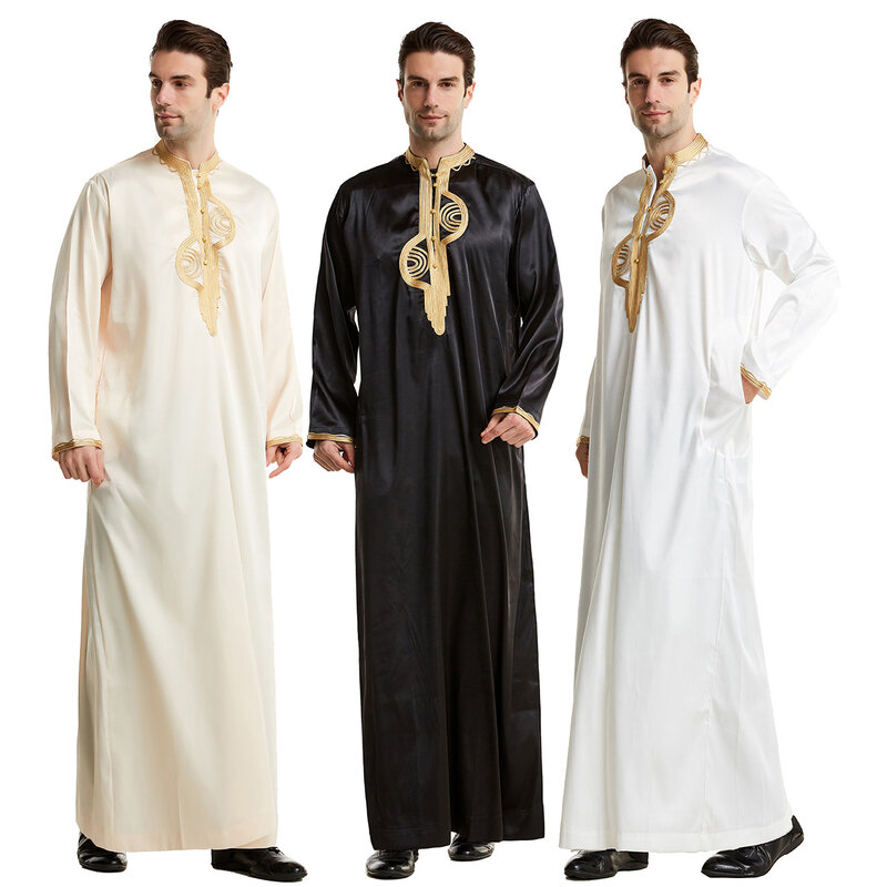 عباية للرجال المسلمين بياقة قائمة ، رداءٌ شرق أوسطي مُطرز ، ملابس عربية