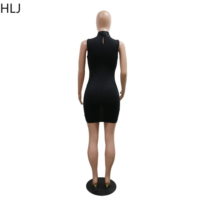 HLJ-المرأة السوداء مثير شبكة الربط مصغرة اللباس ، جولة الرقبة ، بلا أكمام ، ضئيلة ، منظور ، الترتر ، حزب ، النادي ، أزياء الملابس