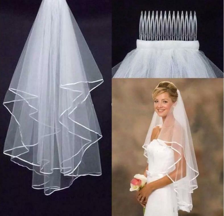 حجاب الزفاف قصيرة طبقتين 75 سنتيمتر طول الشريط حافة طرحة زفاف مع مشط الأبيض اكسسوارات الزفاف رخيصة في الأوراق المالية