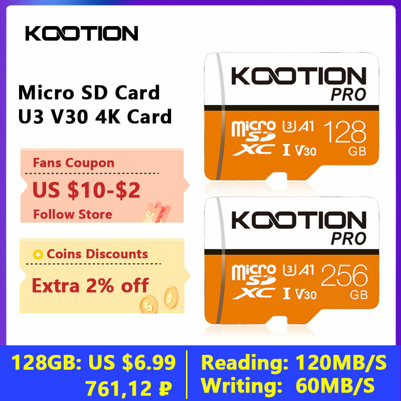 KOOTION T1Pro مايكرو SD بطاقة 64GB 128GB 256GB micro sd card بطاقات ذاكرة فلاش A1 V30 U3 فئة 10 عالية السرعة مايكرو SD TF بطاقة الفيديو للهاتف