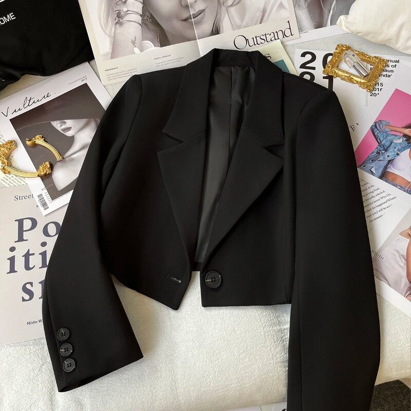 Lnsozkdg-سترة بدلة سوداء قصيرة للنساء ، سترة غير رسمية ، تصميم راقٍ ، مكان مناسب ، زر واحد ، ملابس نسائية ، الربيع ، الخريف ، جديد ،