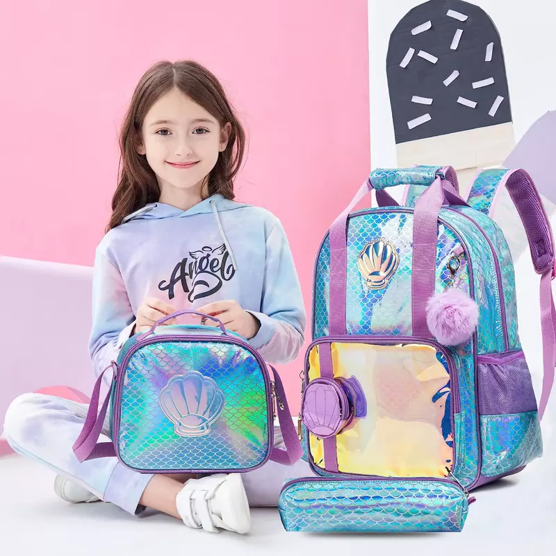BIKAB حقيبة ظهر للبنات بألوان قوس قزح ونجمة حقيبة مدرسية مع صندوق الغداء مجموعة لرياض الأطفال بريق الترتر حقيبة الكتب للفتيات