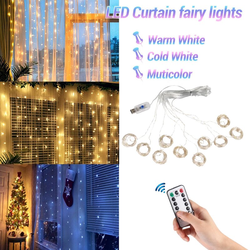 ستارة LED سلسلة أضواء ، جارلاند ، USB ، التحكم عن بعد ، مهرجان ، زينة عيد الميلاد ، عطلة ، الزفاف ، أضواء الجنية لغرفة النوم ، المنزل