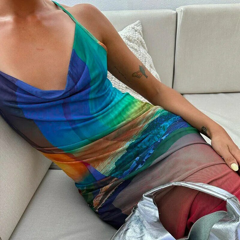 فستان طويل بدون ظهر مطبوع عليه مناظر طبيعية ملونة للنساء ، فستان ضيق مثير أنيق ، زي لحفلات الإجازات على الشاطئ ، صيف ، Y2K ، 2023 #3