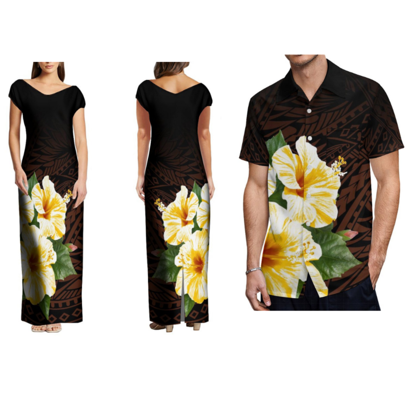 فستان نسائي مخصص بطبعة زهور بولينيزية ، فستان طويل ، فستان منقسم ، جزيرة ساموا ، فيجي ، زوجان ، صيف