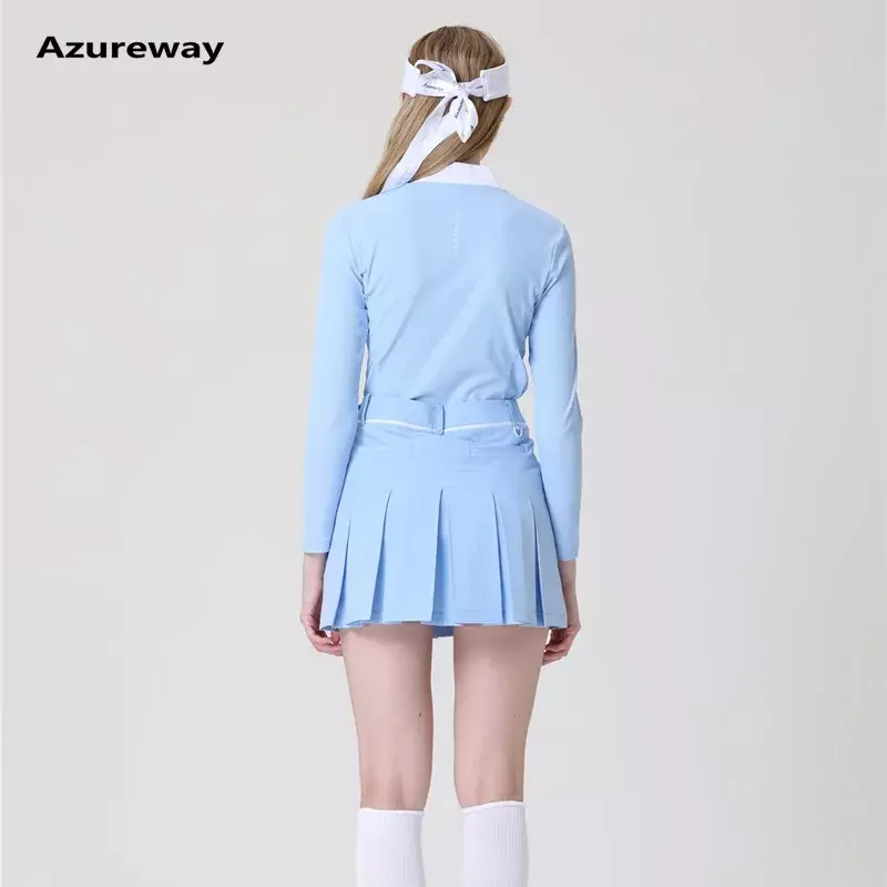 Azureway-تنورة جولف عالية الخصر للنساء ، تنورة مطرزة بطيات على شكل حرف a ، قميص بأكمام كاملة مرقع ، بلوزات برقبة مستديرة ، بدلة كلية أنيقة