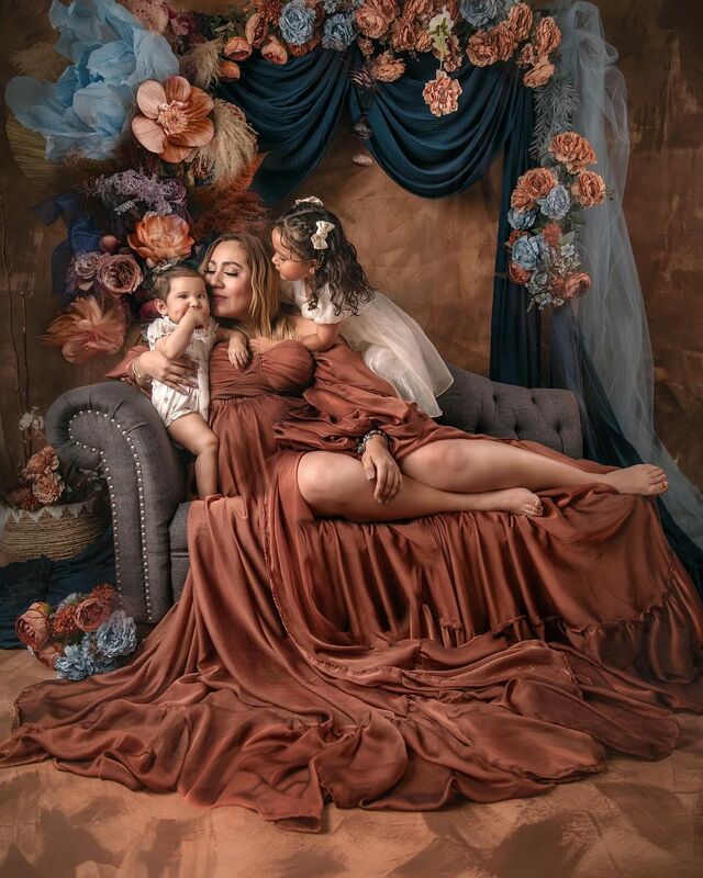 فستان تصوير الأمومة الشيفون البني الكلاسيكي ، ثوب الحمل الفضفاض لالتقاط الصور ، رداء استحمام الطفل ، مقاس كبير ، ظهر مفتوح