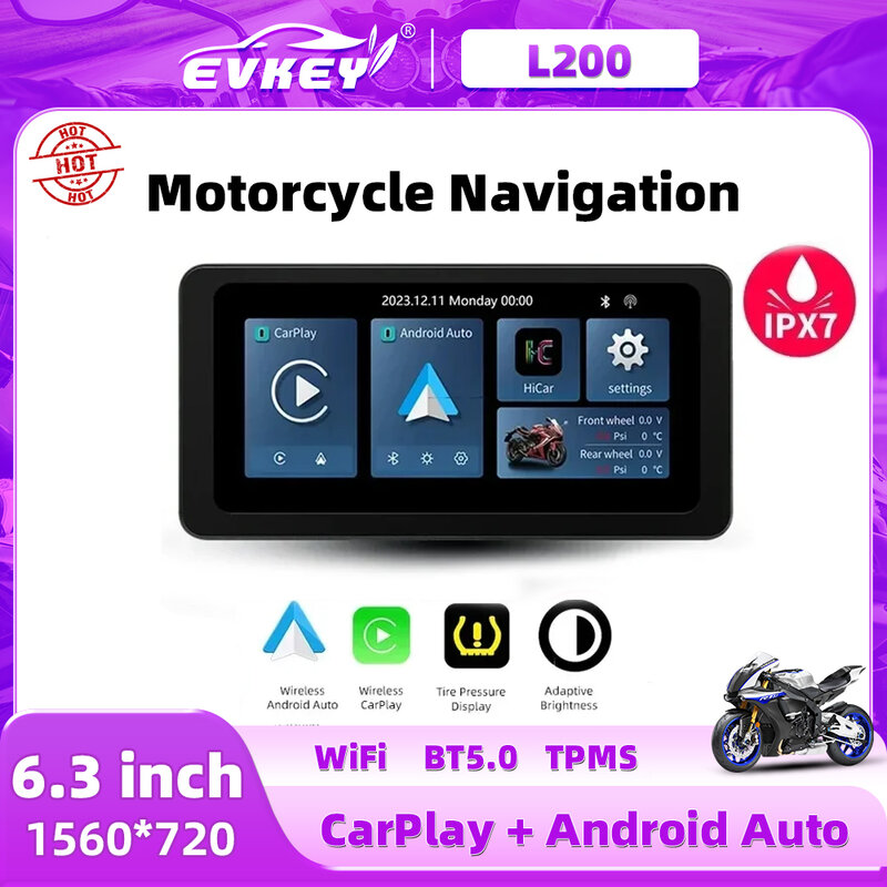 شاشة LCD محمولة لدراجة نارية من EVKEY ، مقاومة للماء IPX7 ، مشغل سيارة تفاح لاسلكي ، أندرويد أوتو ، من نوع andr"