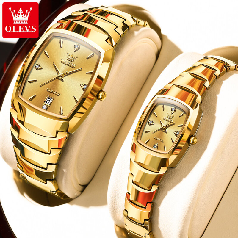 OLEVS مقاوم للماء التنغستن الصلب مجموعة ساعات ، ساعة اليد الفاخرة الذهب ، ساعات زوجين الأصلي ، له وتاريخها ، هدية الذكرى