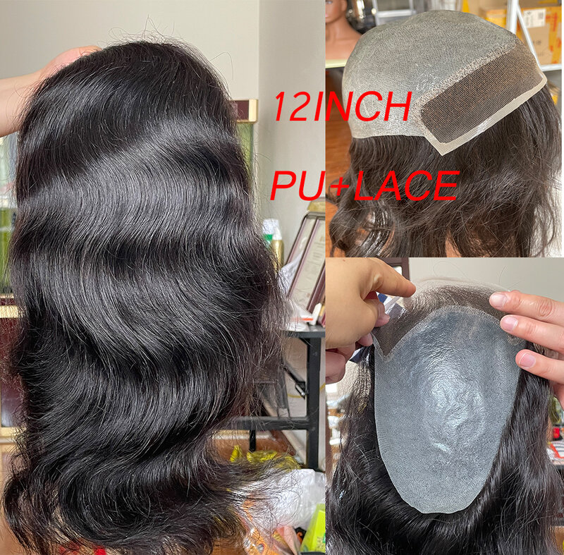 شعر مستعار للرجال الدانتيل الجبهة مع بو نظام استبدال الشعر البشري للرجال 10 "x 8" قاعدة الحجم الطبيعي الأسود Color12inch الشعر المستعار للرجال