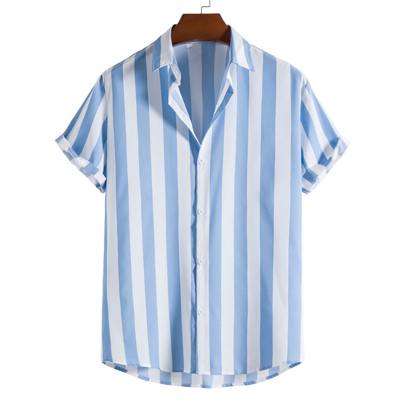 قميص مخطط بأكمام قصيرة للرجال ، لون متباين بسيط ، طية صدر السترة ، بصف واحد ، فضفاض ، موضة جديدة ، الربيع والصيف