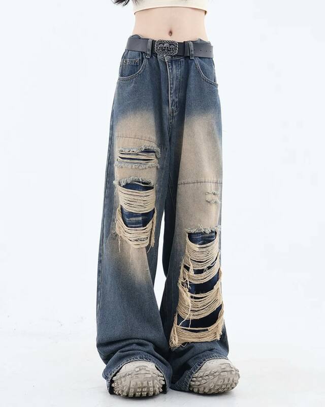 جينز نسائي أزرق مترهل ممزق ، بنطال هاراجاكو Y2k ، جينز هيب هوب فضفاض ، بنطلون مستقيم واسع الساق ، ملابس الشارع ، جديد