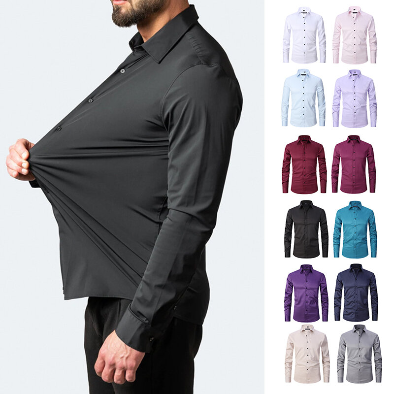 حجم كبير 7XL 6XL مرونة عالية سلس دنة قميص الرجال طويلة الأكمام سليم صالح عادية بلون الاجتماعية فستان رسمي قمصان