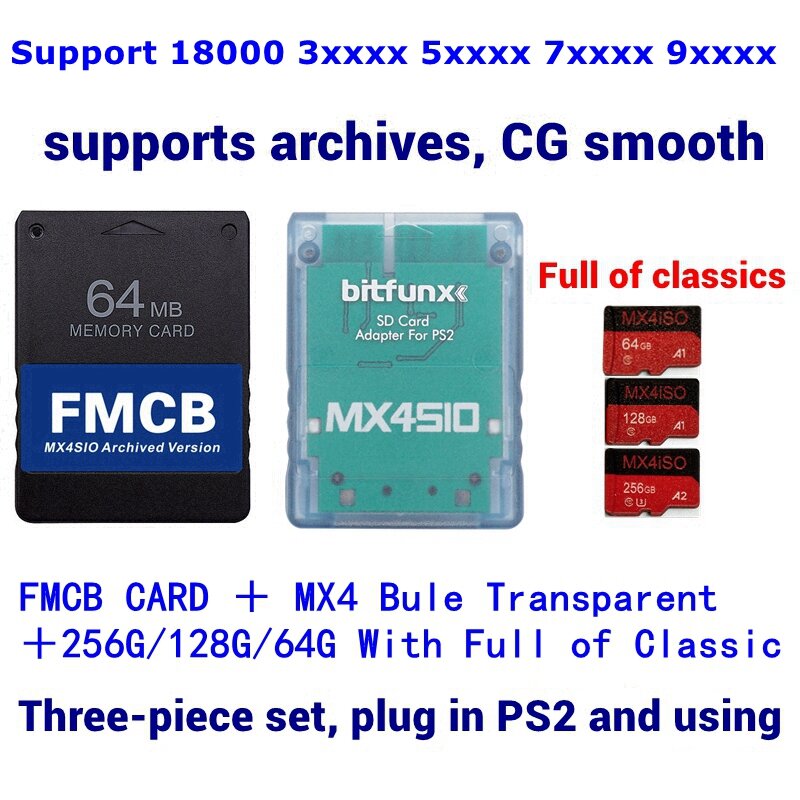 محول بطاقة SD لجميع لوحات المفاتيح ، أزرق فاتح ، PS2 MX4SIO ، بطاقة FMCB ، اختر حزمة مركبة ، PS2 ، GB ، 64 GB