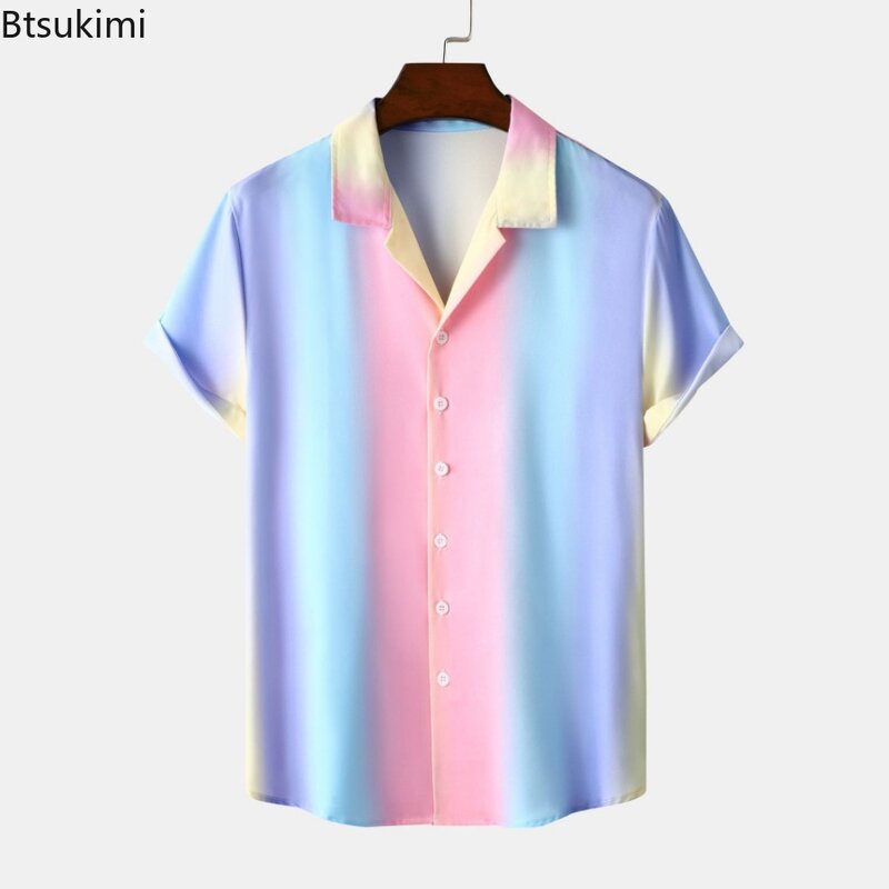 قمصان رجالية كاجوال بأكمام قصيرة ، بلوزة بطية صدر مطبوعة مخططة ، قميص هاواي جيد التهوية ، ألوان متباينة ، موضة صيفية