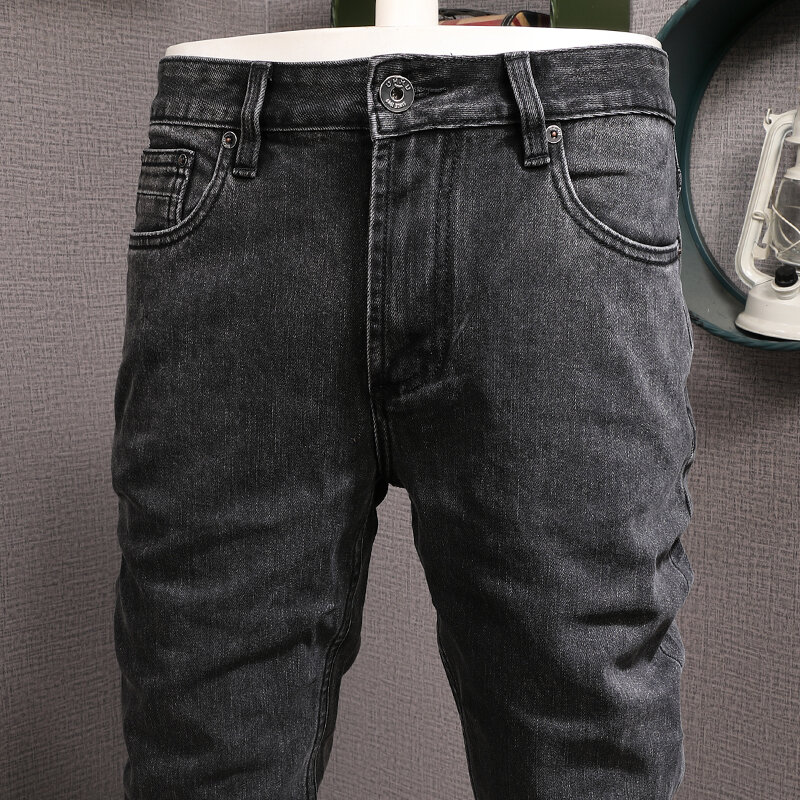 سراويل جينز عصرية للرجال بنمط كوري سروال دينم غير رسمي مرن باللونين الأسود والرمادي بتصميم عتيق للرجال