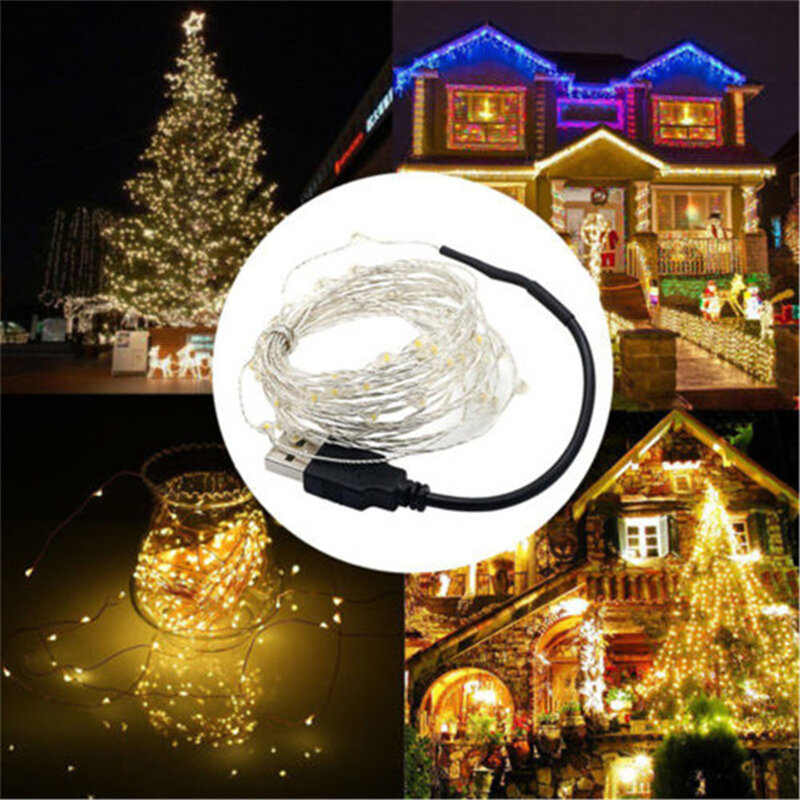 مقاوم للماء USB LED ضوء سلسلة ، الأسلاك النحاسية ، سلاسل الإضاءة في الهواء الطلق ، أضواء الجنية لعيد الميلاد ، ديكور الزفاف ، 10 متر ، 5 متر