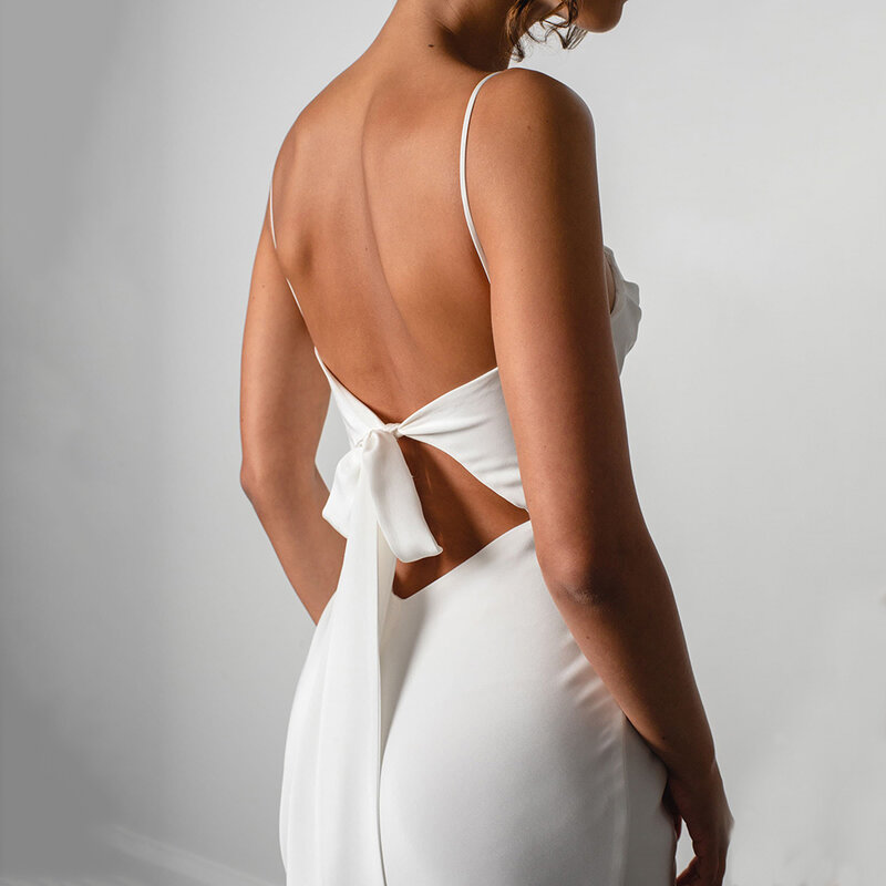 فستان زفاف أبيض بسيط حورية البحر أشرطة سباغيتي فتحة عالية 2022 ساتان بدون ظهر عادي مصنوع حسب الطلب رداء De Mariee مخصص