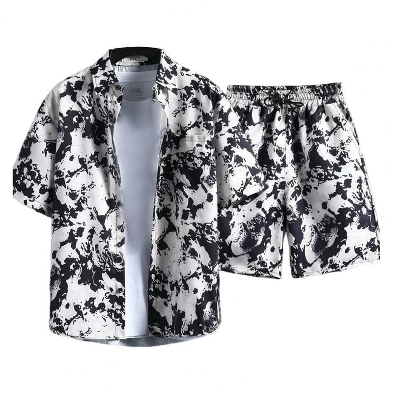 مجموعة ملابس صيفية كاجوال للرجال ، بدلة مطبوعة بسيطة ، قميص بأكمام قصيرة ، شورت بخصر مرن ، طباعة هاواي ، طية صدر عريضة