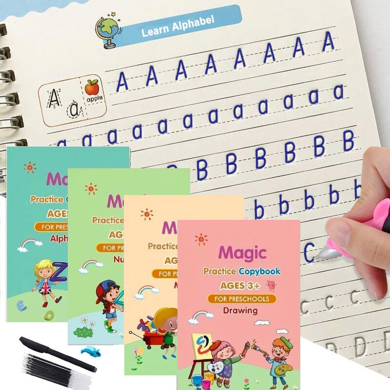 4 كتب قابلة لإعادة الاستخدام الخط كتاب تعلم الأبجدية اللوحة الحساب الرياضيات طفل الكتابة اليدوية ممارسة كتاب لعبة طفل