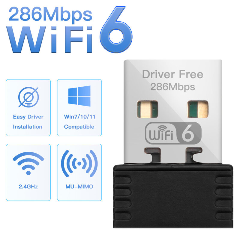 WiFi 6 AX286 2.4GHz USB بطاقة واي فاي صغيرة واي فاي 6 محول لاسلكي دونغل استقبال للكمبيوتر/كمبيوتر محمول ل Windows7/10/11 سائق مجاني