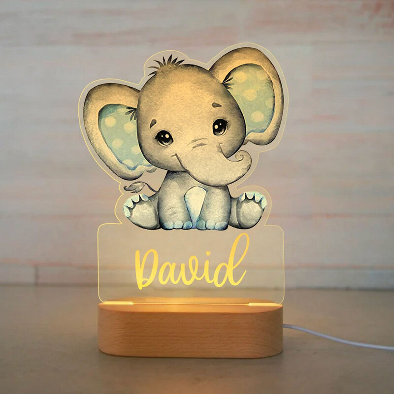 شخصية الطفل الفيل الأسد LED ضوء الليل ، اسم مخصص الاكريليك مصباح للأطفال ، غرفة نوم الأطفال ، ديكور المنزل ، USB ، 7 ألوان