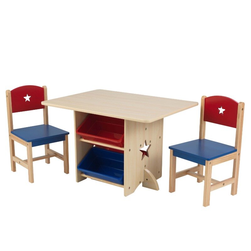 طقم طاولة وكرسي خشبي ، أحمر ، أزرق ، طبيعي ، 4 صناديق