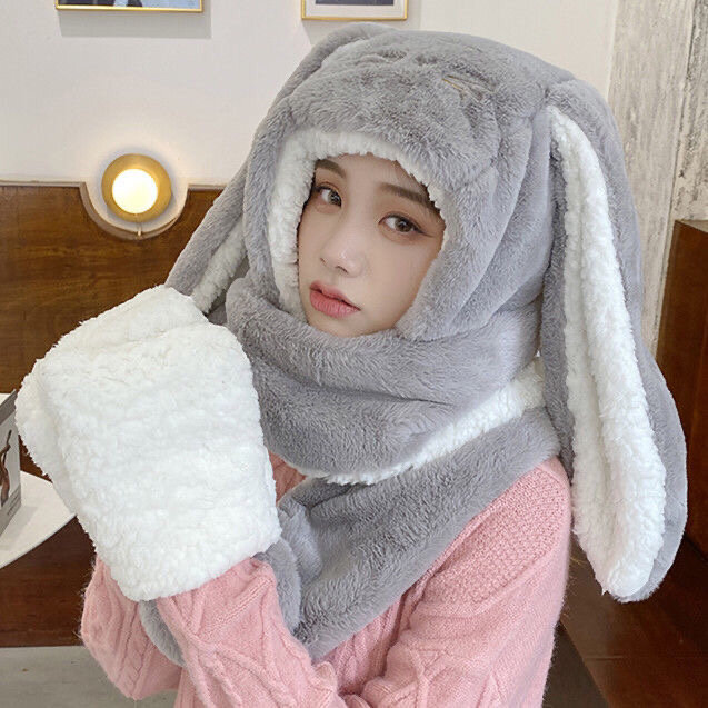 3 in1 Gloves scarf Rabbit Hat long Ears Cute Cartoon Hat Kawaii Funny Birthday Gift Bunny Plush Cap Winter Beige