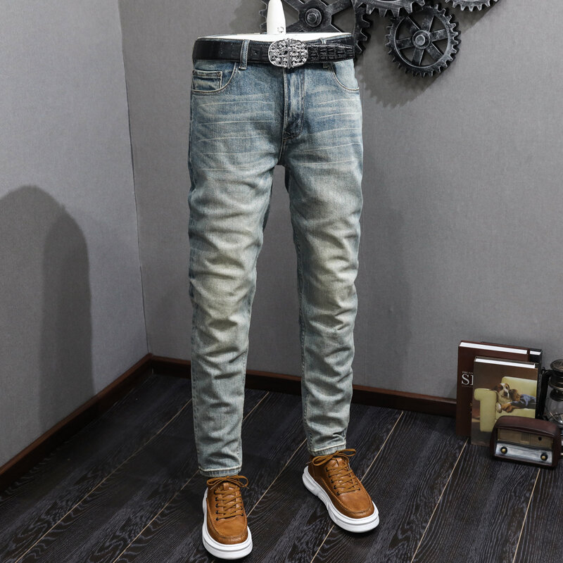 مصمم أزياء الرجال الجينز عالية الجودة ريترو الأزرق تمتد سليم صالح ممزق جينز الرجال السراويل المرنة Vintage جينز غير رسمي