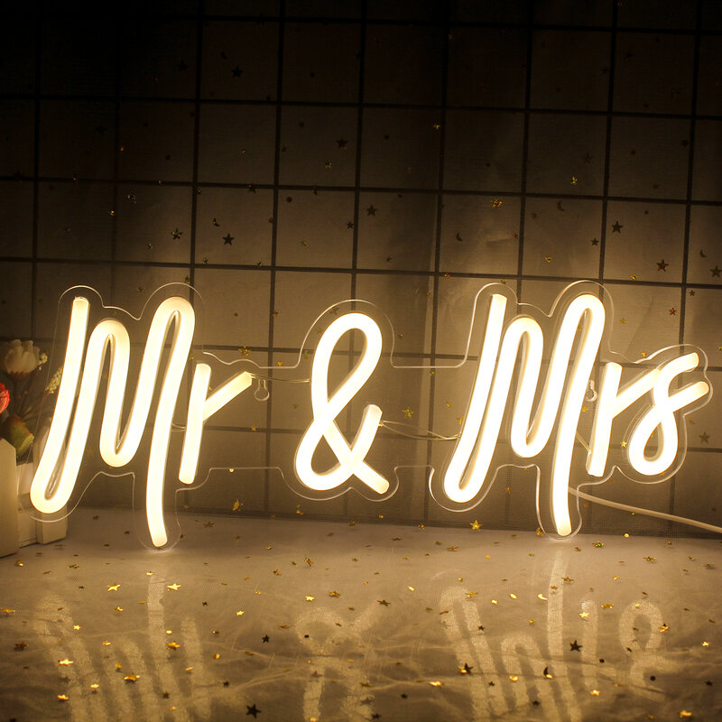 علامة نيون Mr & Mrs LED دافئة ، ديكور حائط الغرفة ، أضواء أكريليك معلقة بمنفذ USB لحفل الزفاف ، ديكور حفلات غرفة النوم ، مصباح فني إلكتروني ، شعار