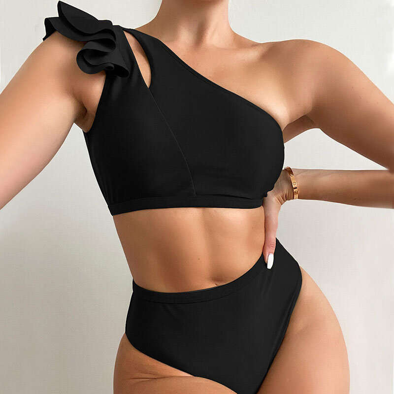 2022 مثير واحد الكتف بيكيني المرأة الصلبة عالية الخصر ملابس السباحة كشكش ملابس السباحة الأسود Biquini الإناث بحر لباس سباحة