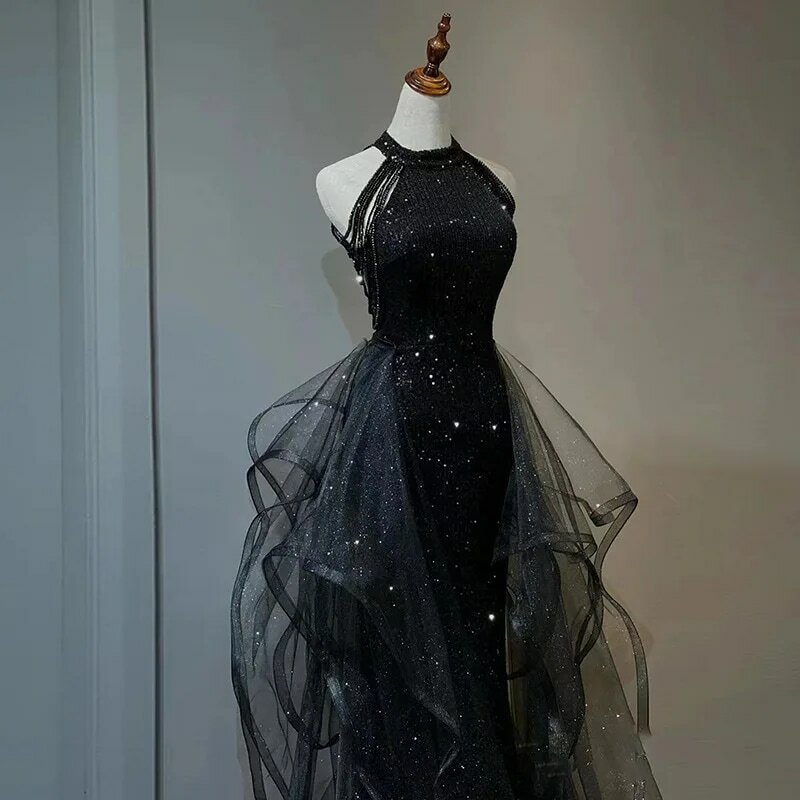فستان سهرة مزين بالترتر شبكي أسود ، بحمالة رقبة مثيرة ، ثوب بدون حمالات ، حفلة موسيقية رسمية ، حفل زفاف ، موضة