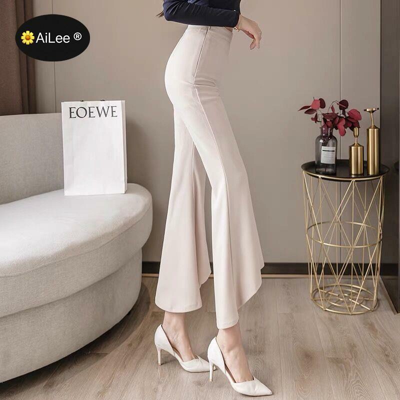 Asymmetrical Calf Long Flare Pants High Waist Office Lady Casual Sexy Streetwear Women Elegant Business Work Business Trousers