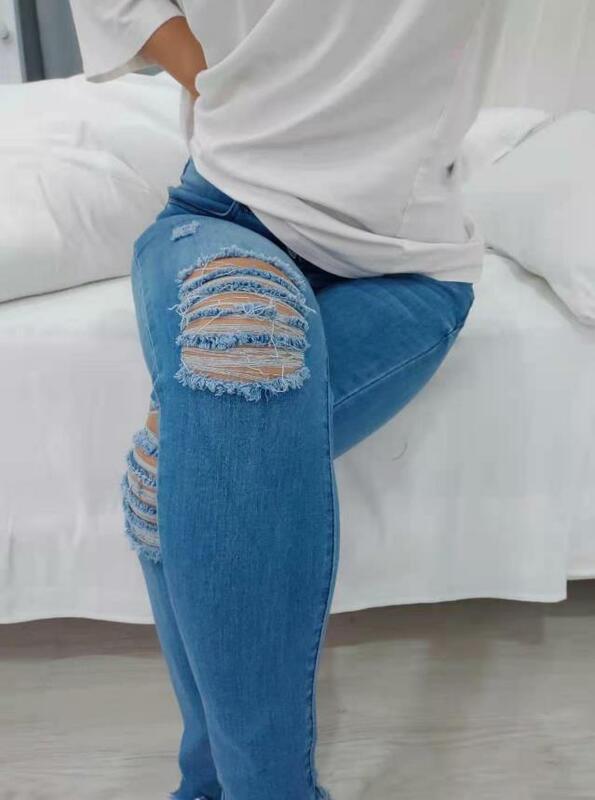 جينز نسائي نحيف ممزق بنطال جينز ، طويل ، تصميم جيب بأزرار ، موضة ، اتجاه الشارع ، سروال قصير