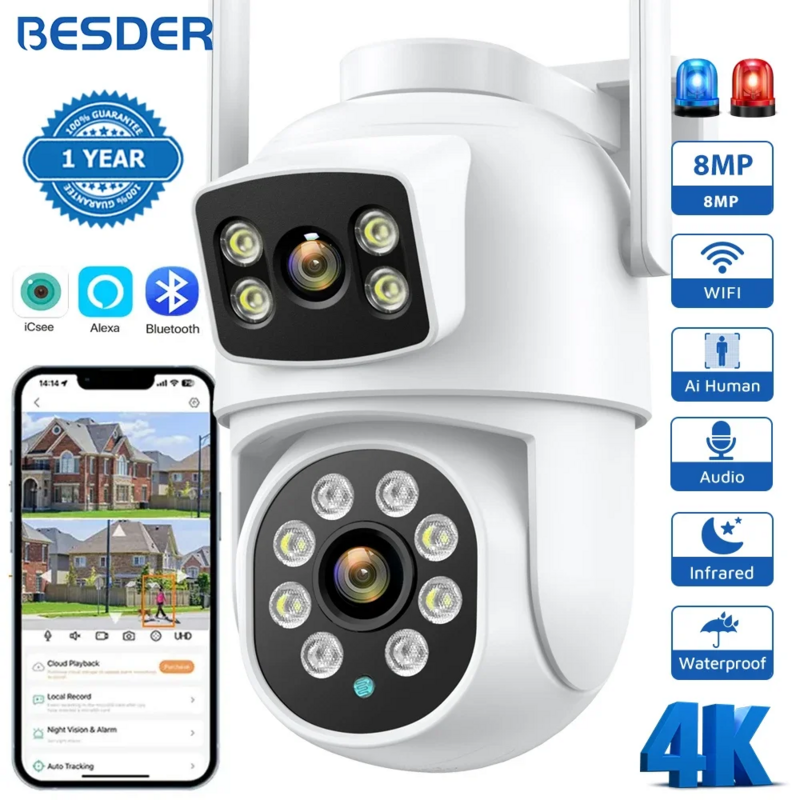 Besder-في الهواء الطلق ptz كاميرا ip الأمن ، مع واي فاي ، 4k ، 8mp ، مع الكشف عن الإنسان ، والعدسات المزدوجة ، 4mp ، والصوت ، icsee التطبيق