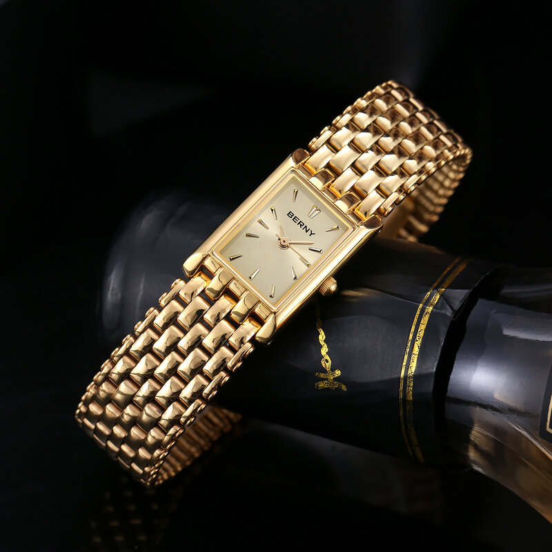 بيرني-ساعة كوارتز من الفولاذ المقاوم للصدأ للنساء ، ساعات يد مربعة للسيدات ، ساعة ذهبية صغيرة ، أزياء فاخرة وغير رسمية