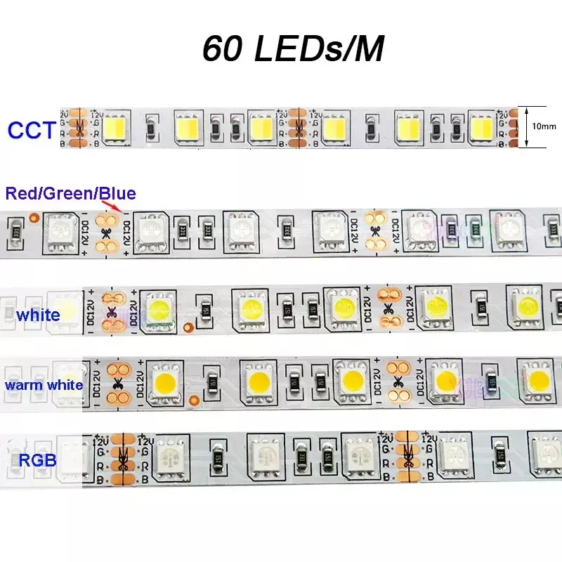 شريط إضاءة مرن بلون واحد ، شريط SMD ، IP30 ، NP ، أبيض ، دافئ ، أحمر ، أخضر ، أزرق ، RGB ، CCT ، 12 فولت DC ، LEDs/m ، 60LEDs/m ، 5m