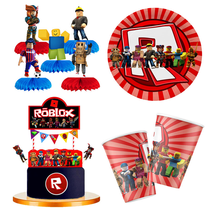 ديكور حفلة عيد ميلاد من Roblox للأطفال ، كوب ورقي ، طبق ، هدية ، لافتة تغليف ، قرص العسل ، ملصق وشم ، لوازم