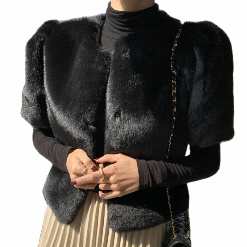 معطف من الفرو الصناعي للنساء ، بأكمام قصيرة ، قطع قصيرة ، الراقية ، والأزياء الكورية الجديدة ، وتصميم الشتاء والخريف