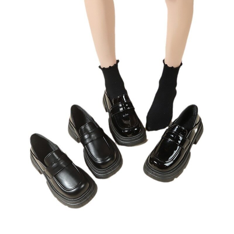 حذاء نسائي من الجلد الصناعي على الطراز البريطاني ، حذاء بدون كعب غير رسمي للإناث ، موضة سوداء ، مصمم جديد ، الربيع ، الخريف ،
