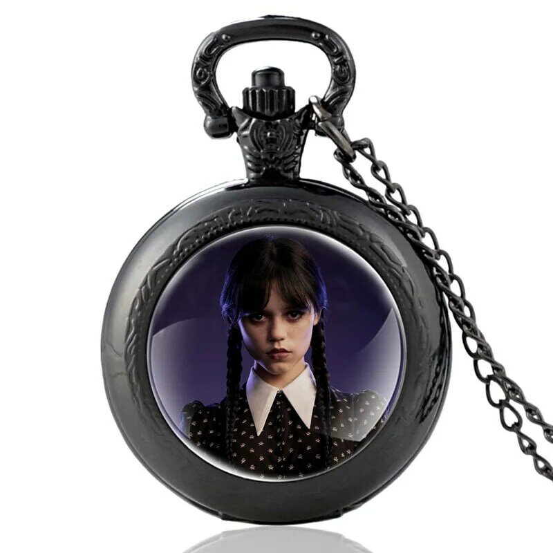أسود الأربعاء Addams الزجاج كابوشون كوارتز ساعة الجيب خمر الرجال النساء قلادة قلادة الساعات الهدايا
