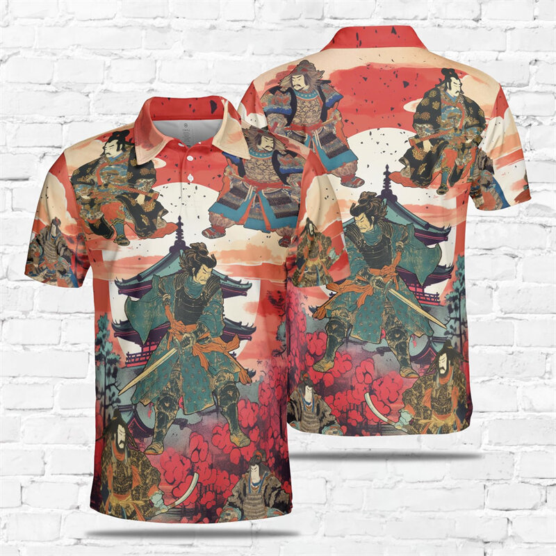 قميص بولو بأكمام قصيرة للرجال ، هاراجو ساموراي جرافيك ، محارب ، ملابس هيب هوب ، قميص بولو فارس ياباني ، أزرار علوية ، الصيف