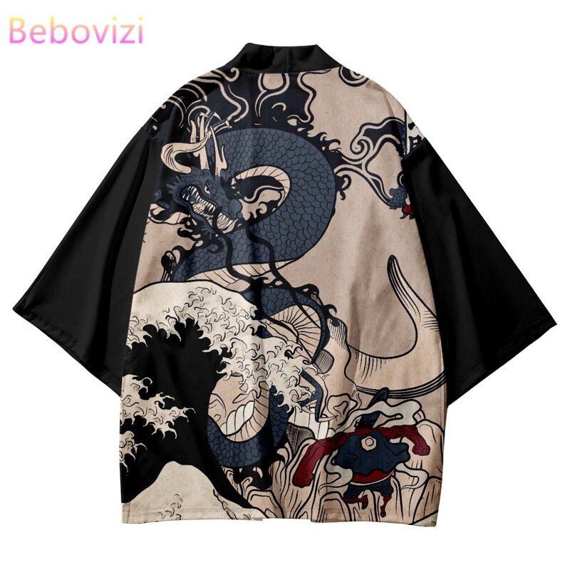 Japanese Ukiyo-e Dragon Kanagawa Waves Print Cosplay Kimono Streetwear Cardigan Beach Yukata Women Men Asian Traditional Haori