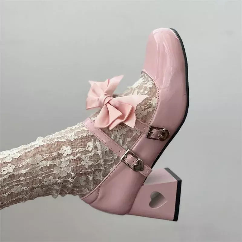 أحذية ماري جين لوليتا للنساء ، جلد براءة اختراع ، كعب منخفض ، ربطة عنق حريرية ، أشرطة الكاحل ، مضخات الحفلات ، Y2K