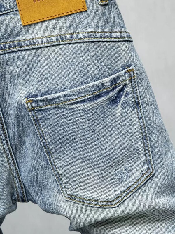 بنطلون جينز رجالي بتصميم صيفي أنيق بنطلون جينز قصير ممزق نمط الهيب هوب أزرق مغسول عتيق للرجال