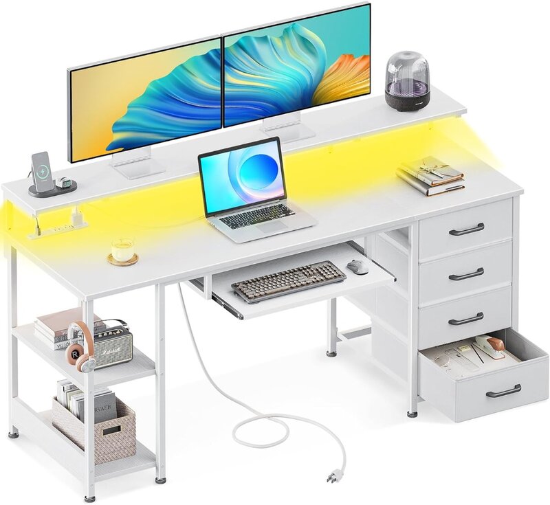 مكتب كمبيوتر مع منفذ طاقة وإضاءة ليد ، مكتب مع درج قماش وصينية لوحة مفاتيح ، مكتب ألعاب ، 63 إنش