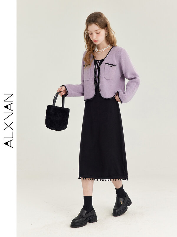 ALXNAN-بدلة فستان بحمالات أنيقة للنساء ، كارديجان محبوك صغير ، فستان أسود متوسط الطول ، بيع منفصل ، T01012 ،
