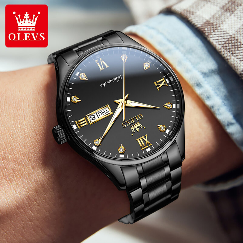 ساعة ميكانيكية ماسية فاخرة للرجال من OLEVS ، علامة تجارية مشهورة ، فولاذ مقاوم للصدأ ، مقاومة للماء ، مضيئة ، تاريخ ، موضة ، ساعة يد
