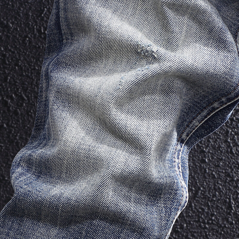 مصمم أزياء الرجال الجينز الرجعية الأزرق عالية الجودة مطاطا تمتد سليم صالح ممزق جينز الرجال Vintage جينز غير رسمي Hombre